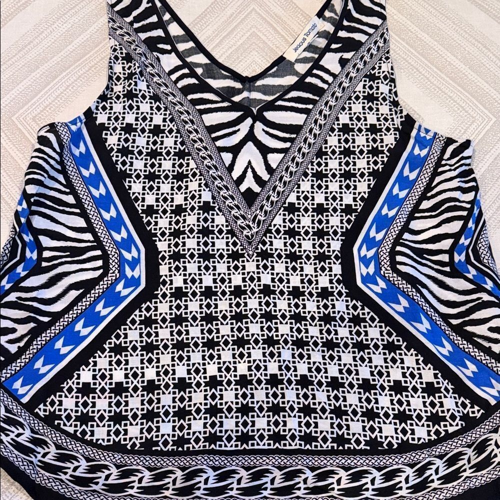 Jealous Tomato Black & Blue Mixed Print Sleeveless V-Neck Top – Size M